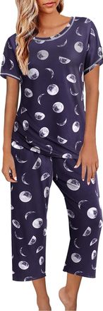 Generic Womens Pajamas Short Sleeve Sleepwear Tops And Capri Pants Print Pajama Sets With Pockets Pajamas Suit Girls Fuzzy (Dark Blue, S)