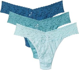Hanky Panky Signature Lace Low Rise Thong 3-Pack Womens Underwear Storm Cloud Blue/Duck Egg/Celeste, Cotton/Lace/Nylon