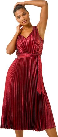 Roman Womens Metallic Pleat Belted Midi Dress - Red - Size 14 UK