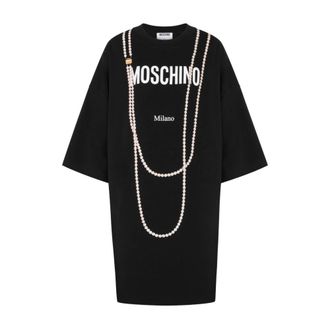 Moschino Kleedjes, Dames, Zwart, M, Nylon, Embroidered Heavy Cotton Dress
