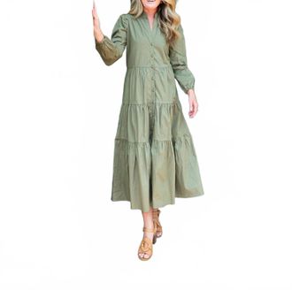 Sail to Sable Button Front Shirt Dress In Corduroy Olive