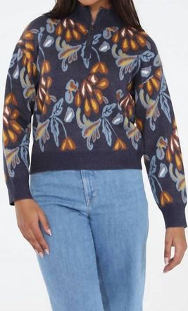 Rain + Rose Rosalie Floral Quarter Zip Sweater In Navy