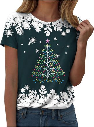 Generic Christmas Tops for Women Christmas Shirts UK Short Sleeve Casual Jumper Merry Santa Snowflake Print T-Shirts Loose Funny Xmas Tree Print Sweatshirt Tu
