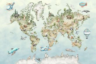 OEM Fotomural Infantil Con Mapa Del Mundo Y Animales M042 300x200