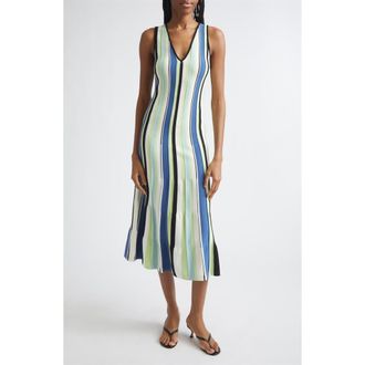 Toccin Fifi Vertical Stripe A-Line Knit Midi Dress in Ocean/keylime Multi at Nordstrom, Size Medium
