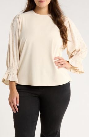 Wit & Wisdom Mixed Media Smocked Sleeve Top in Ecru at Nordstrom, Size 3X