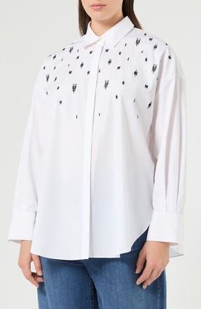 Marina Rinaldi Beaded Long Sleeve Poplin Shirt in Optical White at Nordstrom, Size 20W