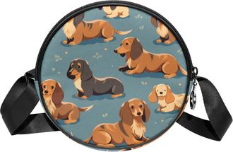 Generic Circle Crossbody Bag for Women, Cartoon Sausage Dog Small Sling Bag Daypack with Zipper Adjustable Shoulder Straps Casual Ladies Girls Round Purse
