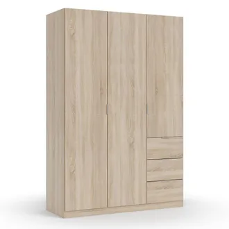 HOMN Armario ropero 3 puertas y 3 cajones color roble, 135 cm ancho