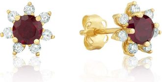 MAX + STONE 14k Yellow or White Gold Gemstone and 4mm Diamond Flower Halo Stud Earrings
