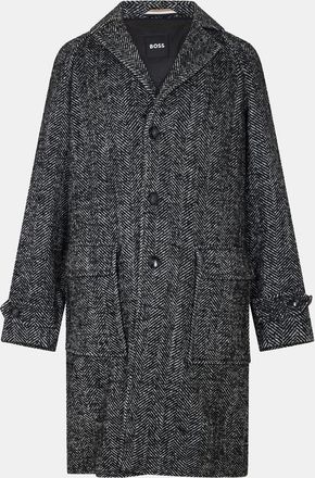 HUGO BOSS Mens Herringbone Tweed Coat with Flap Pocket and Button Placket in Black - Size 44 (Chest)