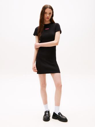 Tommy Jeans Jerseykleid TOMMY JEANS TJW SCRIPT MINI RIB DRESS EXT, Damen, Gr. XXL (44), N-Gr, schwarz, Jersey, Obermaterial: 96% Baumwolle, 4% Elasthan, unifarben