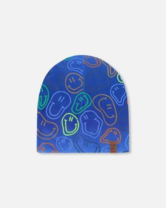 Deux par Deux Stretch Jersey Printed Smileys Beanie in Blue Printed Smileys at Nordstrom, Size 12-24 M