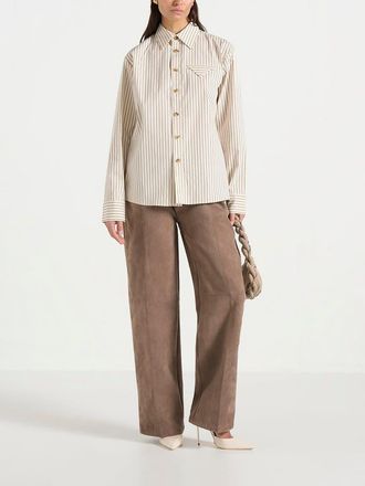 Mani&egrave;re De Voir Ronnie Unisex Pinstripe Long Sleeve Shirt in Beige at Nordstrom, Size X-Small