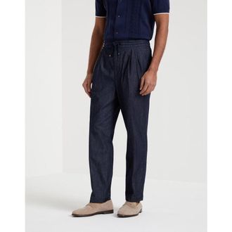 Brunello Cucinelli Mens Blue Denim Pleated Trousers, Size 54