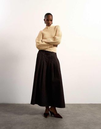 Topshop Tolu Coker x Topshop - Gonna di jeans lunga a pieghe con design circolare marrone slavato
