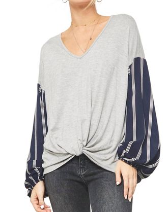 Promesa Sunday Funday Stripe Print Sleeve Top In Grey/navy