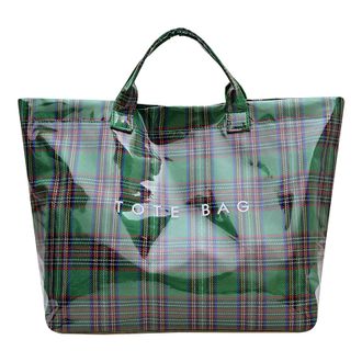 Generic Plaid PVC Tote Bag for Women, Large Letter Print Handbag, Waterproof Coated Shopping Bag, Spacious Bag for Travel, Daily Use (Green Tartan)