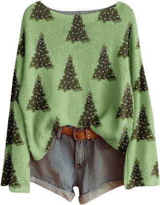Generic Christmas Jumpers for Women Xmas Tree Print Ladies Xmas Tops Funny Christmas Sweater Boho Sweatshirt Pullover