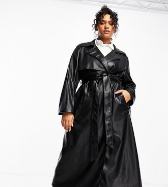 Forever New Cappotto lungo in similpelle PU nero con cintura