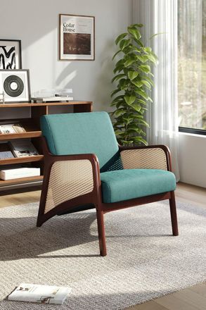 H&O Direct Green Backrest Corduroy Upholstered Armchair with Rattan Armrest