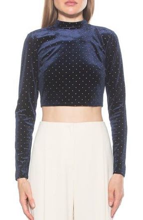 Alexia Admor Ari Long Sleeve Studded Velvet Crop Top in Navy at Nordstrom Rack, Size Medium