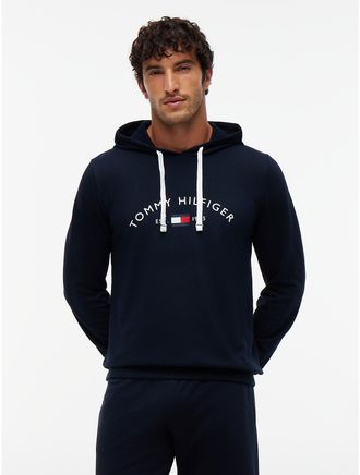 Tommy Hilfiger Mens Hilfiger Logo Pique Sleep Hoodie - Navy - XL