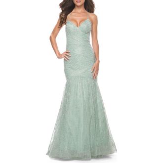 La Femme Intricate Beaded and Rhinestone Mermaid Prom Dress in Sage at Nordstrom, Size 12