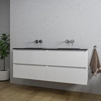 Saniclass Chaci Badkamermeubelset - 140x46x55cm - keramische wastafel zwart - 2 wasbakken - zonder kraangaten - 4 lades - mat wit