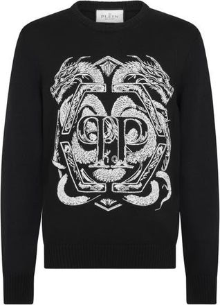Philipp Plein Embroidered Merino Wool Round Neck Pullover Hexagon Dragon Men in Black at Nordstrom, Size Medium