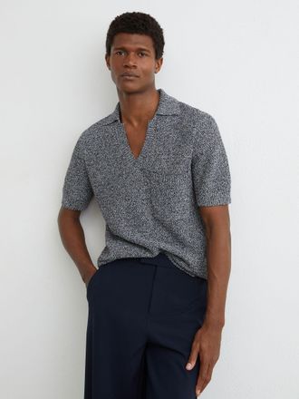 Reiss Indigo Blue Speckle-knit Open-collar Polo Jumper, Xxl