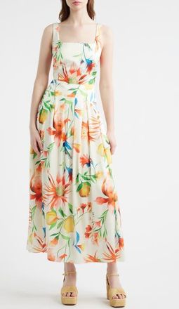 Ciebon Juno Floral Print Midi Dress in Cream/Tangerine Multi at Nordstrom, Size X-Small