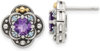 Diamond2Deal Sterling Silver with 14k Gold Accent Amethyst & Swiss Blue Topaz Stud Earrings