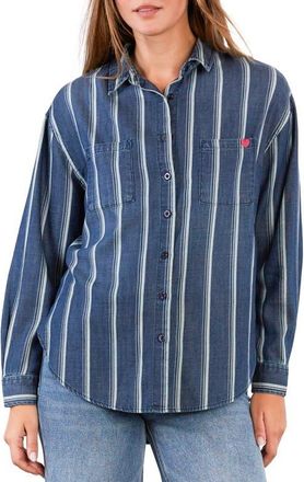 BILLY T Worry-Free Stripe Button Front Shirt in Indigo Cabana Stripe at Nordstrom, Size X-Small