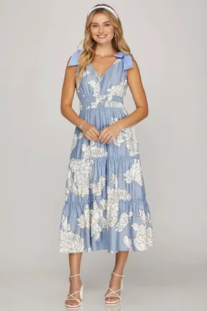 She + Sky Printed Midi Dress In Light Blue