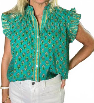 THML Clothing V-Neck Flutter Top In Green