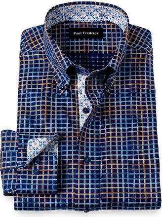 Paul Fredrick Slim Fit Comfort Stretch Non-iron Check Dress Shirt With Contrast Trim