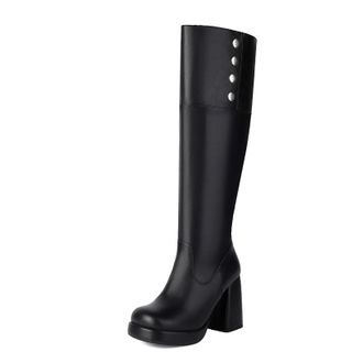 Generic Womens High Heeled Platform Boots Round Toe Knee High Boots PU Leather Long Boot with Side Zipper,Black,9.5 UK
