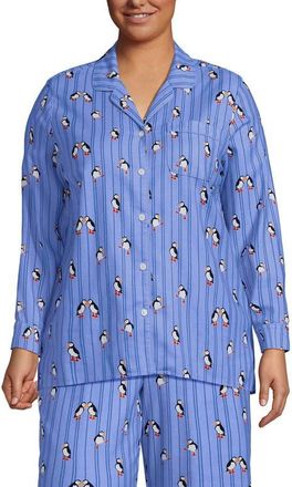 Lands End Plus Size Long Sleeve Print Flannel Pajama Top in Clear Blue Playful Puffins at Nordstrom, Size 2X