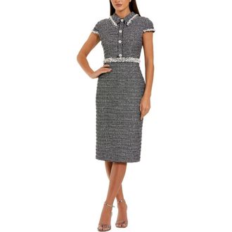 Mac Duggal Cap Sleeve Boucle Midi Dress in Black White at Nordstrom, Size 10