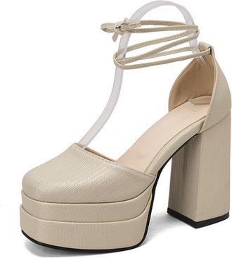 Generic Womens Strappy High Heeled Dress Pumps Square Toe Glitter Wedding Bridal Shoes Chunky Block Heel Party Prom Shoes,Beige,10.5 UK