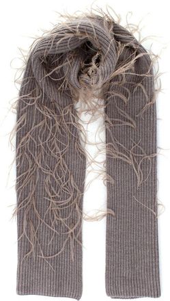 Tanya Taylor Mouse Brown Ostrich Feather Detailing Wool Scarf