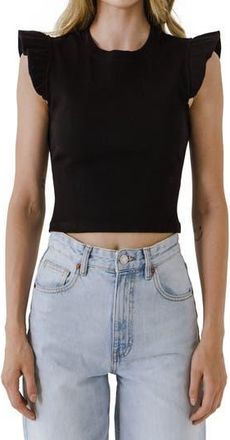 Free the Roses Ruffle Shoulder Cotton Blend Knit Top in Black at Nordstrom Rack, Size Medium