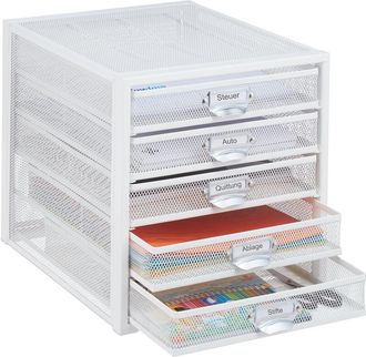 Relaxdays Relaxdays - Caja Organizadora, 5 Cajones, Organizador De Escritorio, Con R&oacute;tulos, Rejilla, 29x27,5x35,5 Cm, Acero, Blanco
