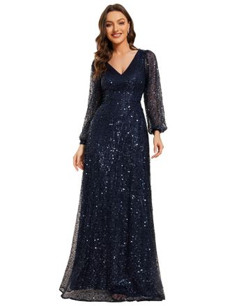 Ever-pretty Womens Sequin A-Line V Neck Long Sheer Sleeves Tulle Evening Prom Dresses Navy Blue 28UK
