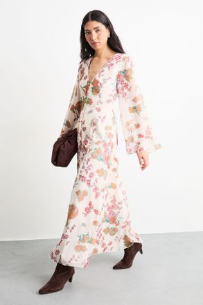 Warehouse Womens Chiffon Bohemian Button Through Floral Maxi Dress - Cream - Size 16 UK
