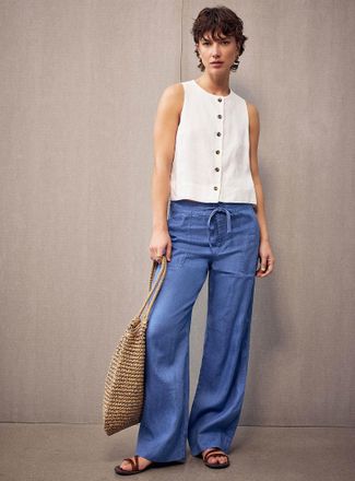 Lauren Ralph Lauren Womens ST-Shirtl blue pure linen pant Fit: Wide leg, mid rise