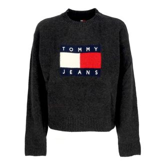 Tommy Hilfiger Melange Flag Sweater Zwart - Dames - Ronde hals truien - Zwart - 2XS - Wol - Truien & Vesten