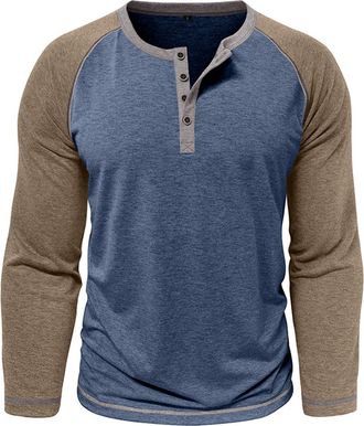 Generic Henley Shirts for Men Casual Long Sleeve Regular Fit Vintage Tshirts Fall Sleeping Sports Lightweight Running Work Tees Blue