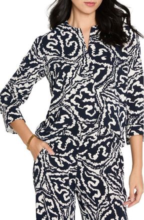 Nic+Zoe Indigo Leaf Double Crepe Button-Up Shirt in Indigo Multi at Nordstrom, Size Petite P
